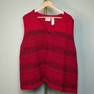 Russ Woman Red Fair Isle Knit Sweater Vest Button Front Size 3 22W 24W